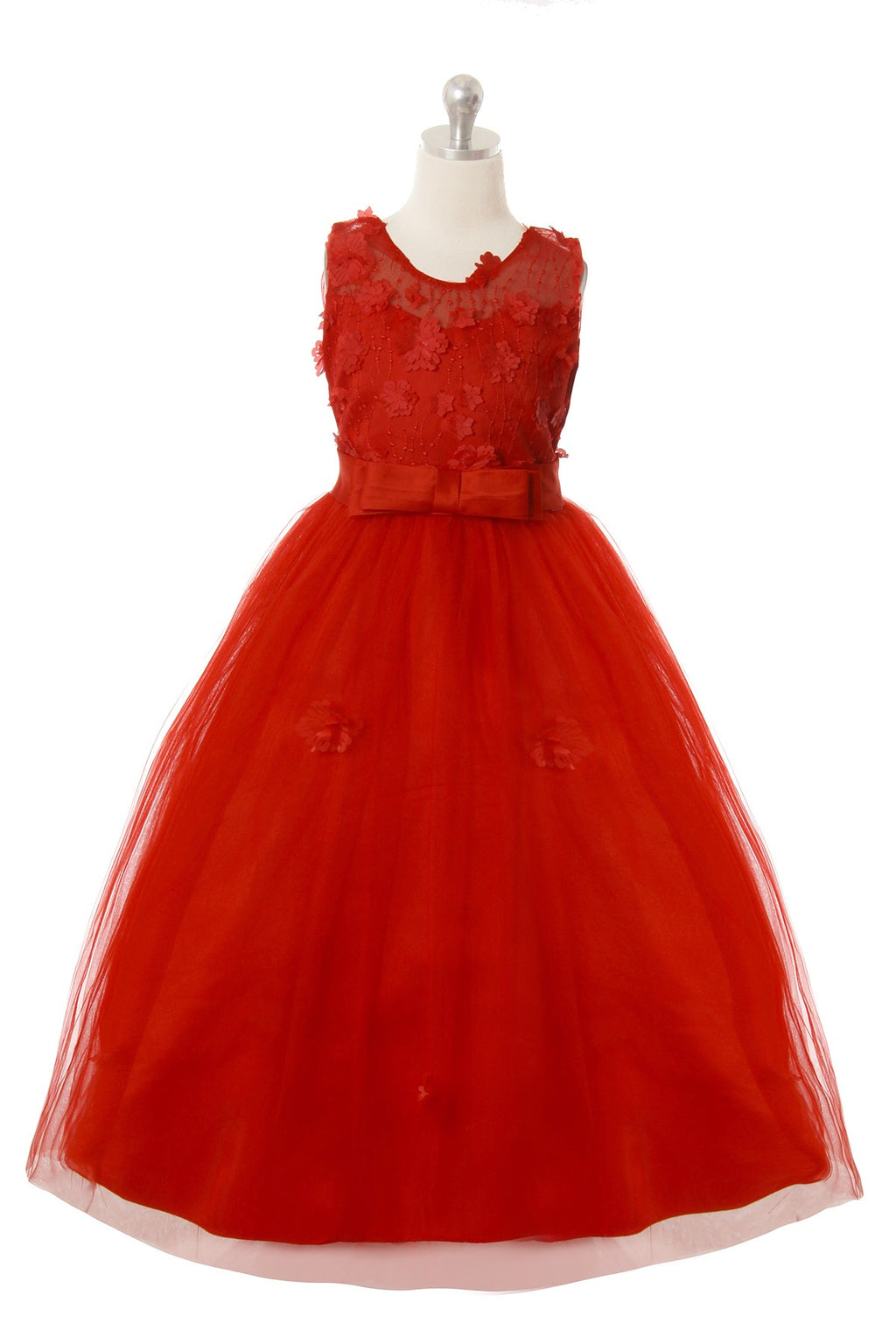 Tea length polyester dress covered with sheer . Bodice has flower petals. Zips and ties in the back.