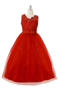 Tea length polyester dress covered with sheer . Bodice has flower petals. Zips and ties in the back.