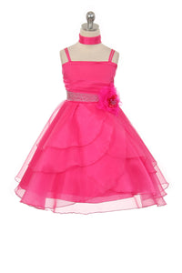 Stain Organza Ruffle layered dress. Sparkle waistband highlighted with sparkled flower. Waist slip. Sheer overlay.